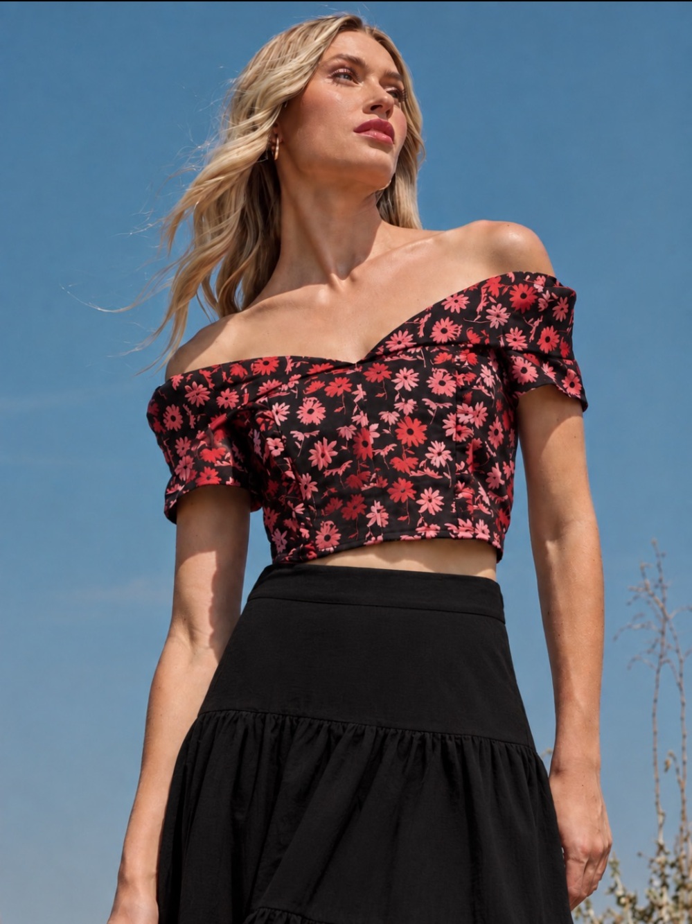 Sugarlips Rocio Black Off-Shoulder Crop Top with Fredonia Floral Print NWT large